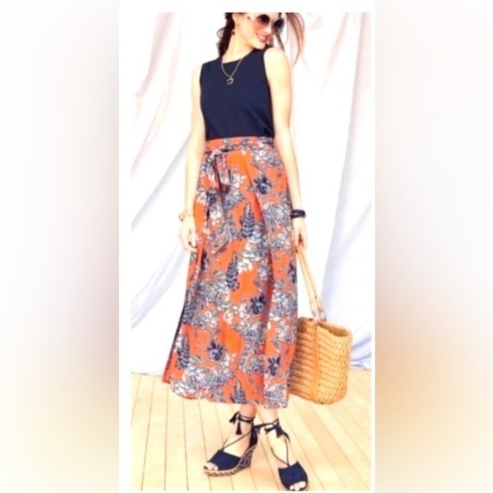 CAbi Calypso Floral Maxi Skirt Orange Navy Blue Boho Wrap Style 5250 Womens S